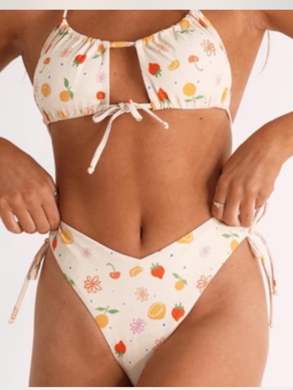 Aurelle Cream Fruit Print Tie-Side Bikini XL
